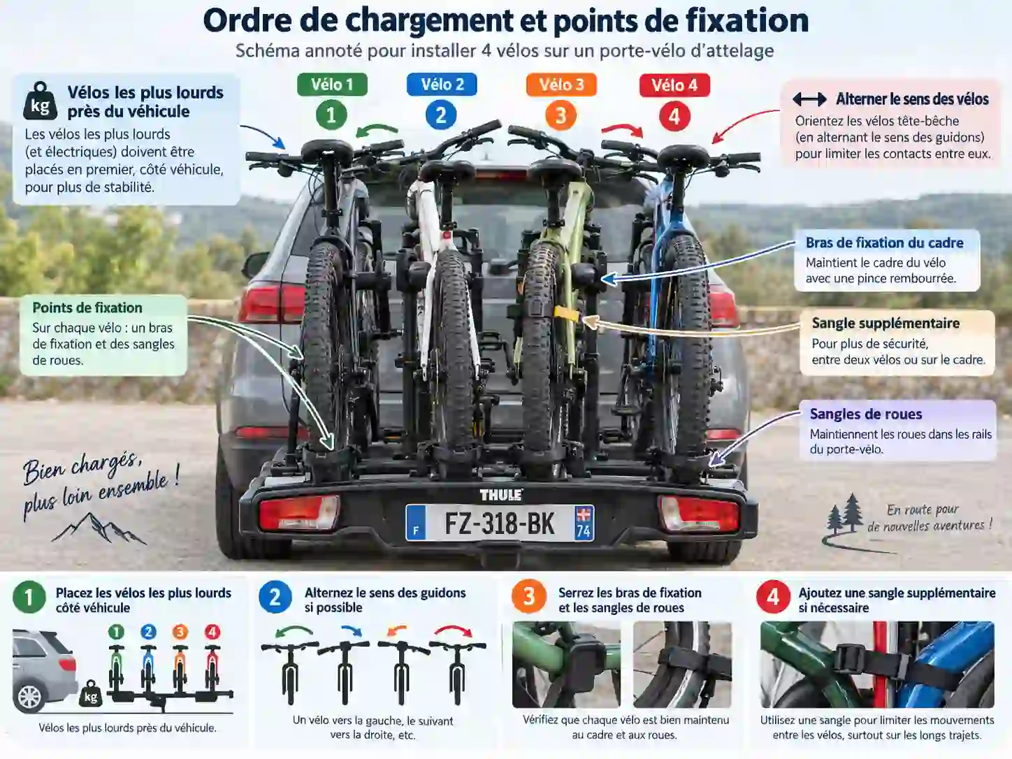 Schéma de l’ordre de chargement et des points de fixation de quatre vélos sur porte-vélos d’attelage