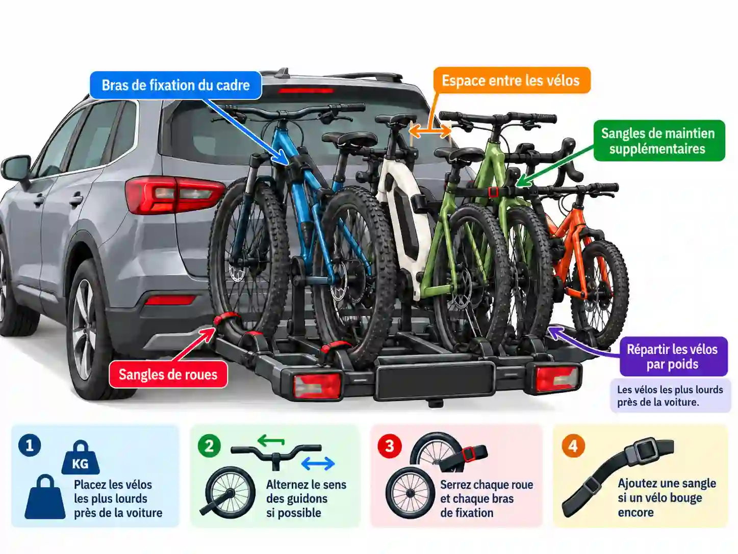 Guide illustré pour fixer quatre vélos avec bras de cadre, sangles de roues et sangles supplémentaires