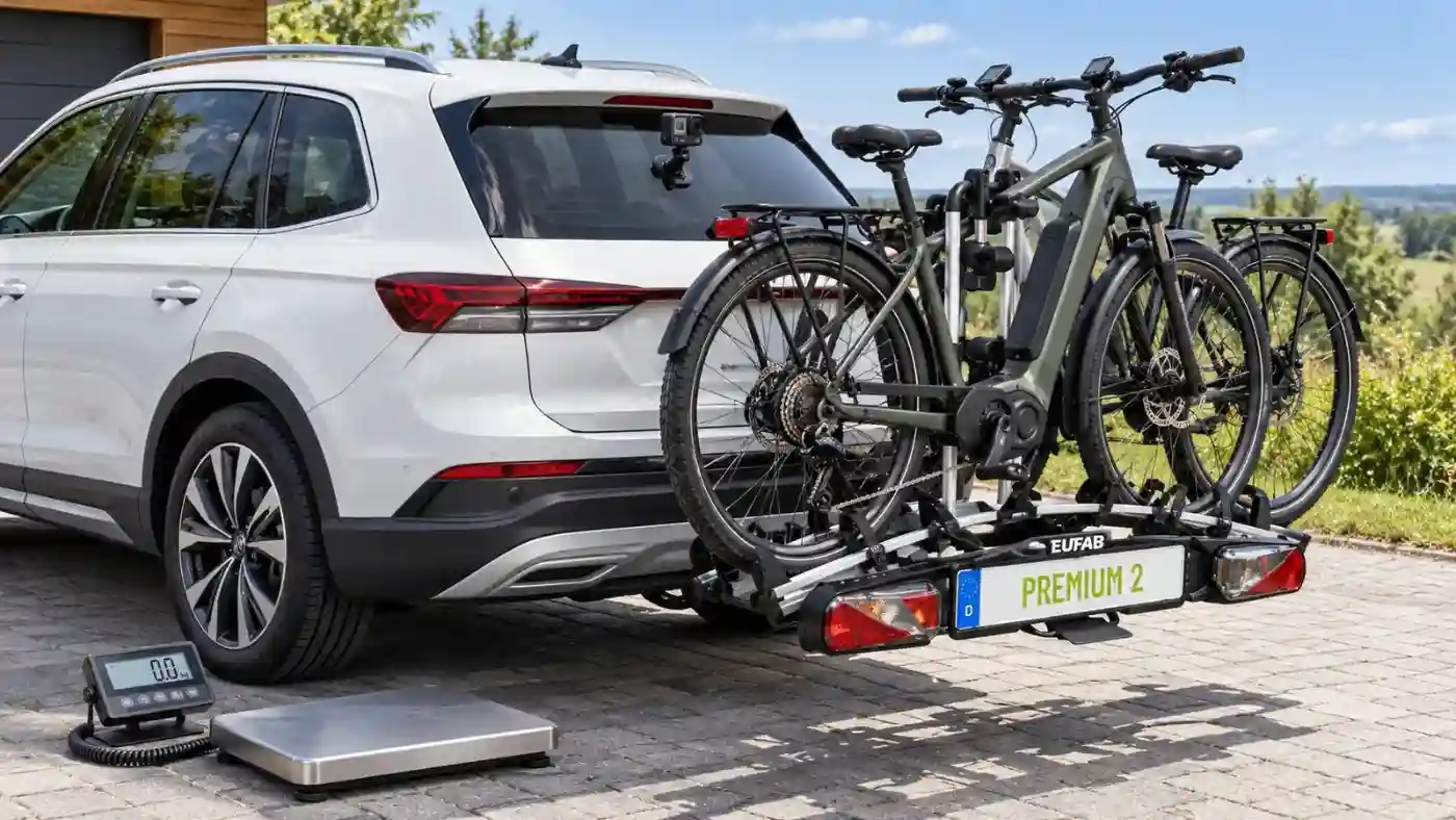 Porte-vélos Eufab Premium 2 chargé avec deux VAE à l’arrière d’un SUV, avec une caméra fixée sur le hayon et une balance numérique au sol pour illustrer une méthodologie d’évaluation.