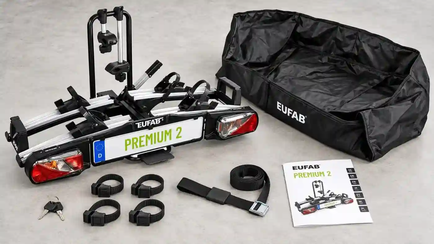 Contenu de l’Eufab Premium 2 avec housse de transport, clés et sangles de fixation