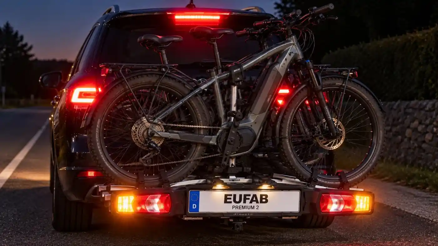 Porte-vélos Eufab Premium 2 avec deux VAE à l’arrière d’un SUV, feux arrière allumés et plaque d’immatriculation visible de nuit.