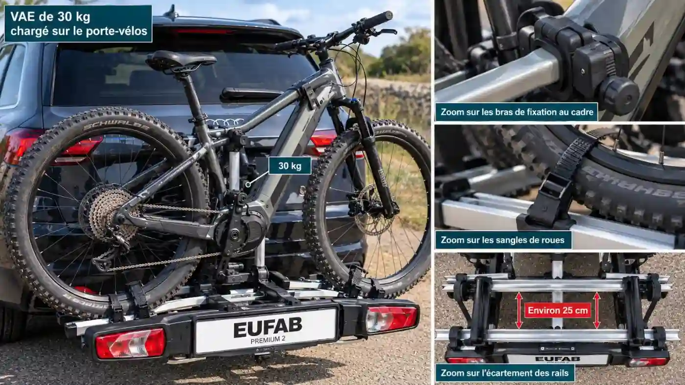VAE lourd chargé sur un porte-vélos Eufab Premium 2, avec zoom sur les bras de fixation, les sangles de roues et l’écartement des rails.