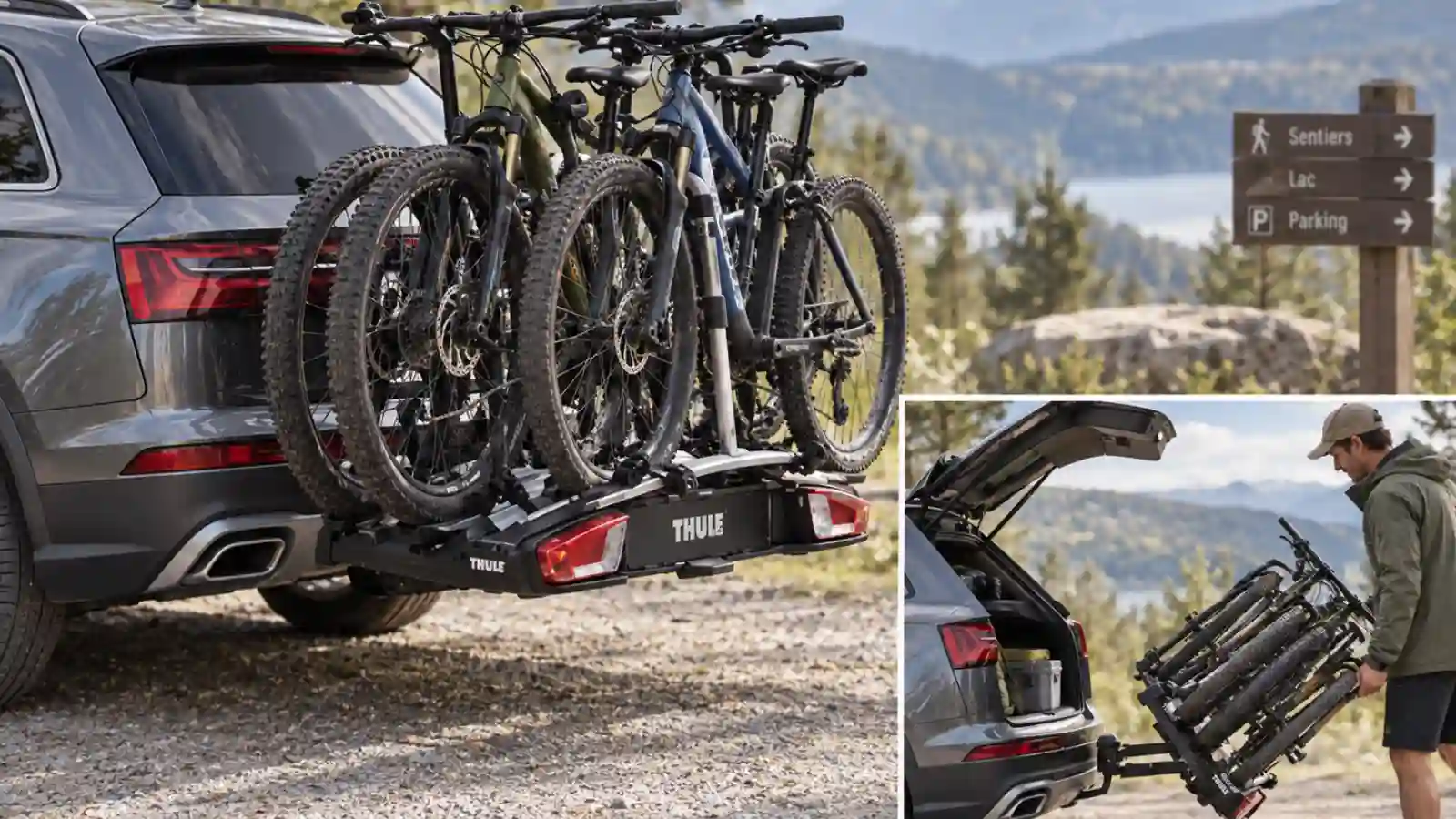 Porte-vélos Thule sur attelage avec quatre vélos et système de basculement pour accéder au coffre